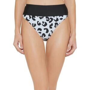 NWT DKNY Printed High-Waist Bikini‎ Bottoms Block Leopard Blue Sz XS | Vacation